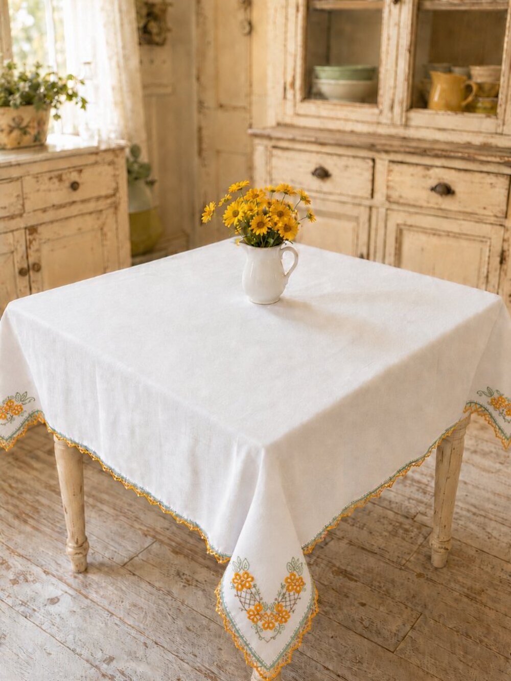 Vintage Hand Embroidered and Crochet Cotton Luncheon Tablecloth 34” Square